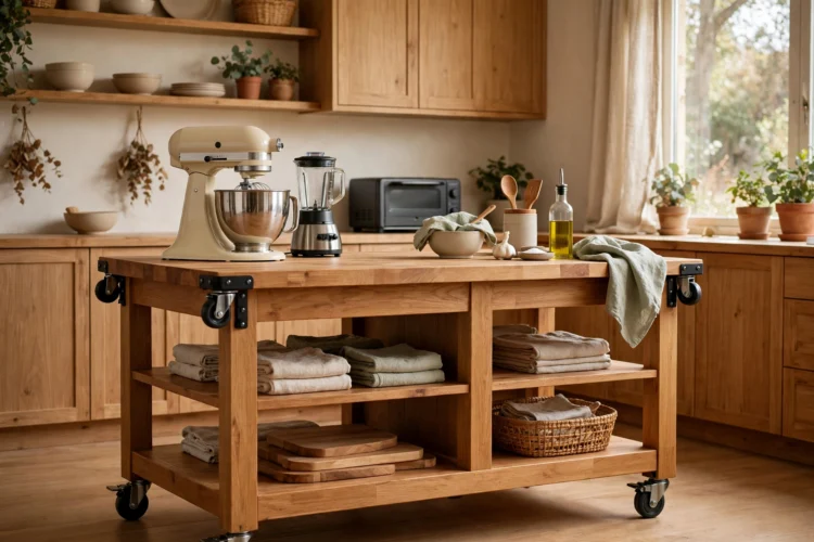 Locking caster island holding stand mixer and small appliances