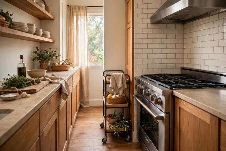 Narrow wheeled runner cart tucked beside a range in a galley kitchen