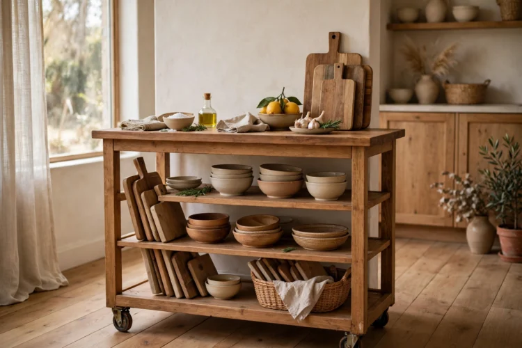 Mobile prep station with open shelving holding bowls and cutting boards