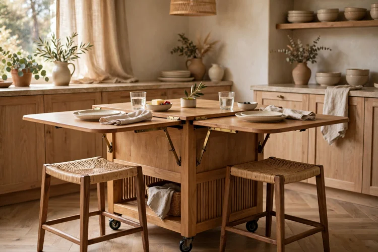 Drop-leaf rolling island set for two with stools tucked under
