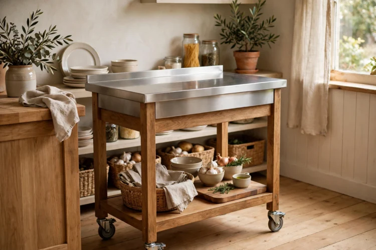 Freestanding kitchen cart with stainless steel worktop
