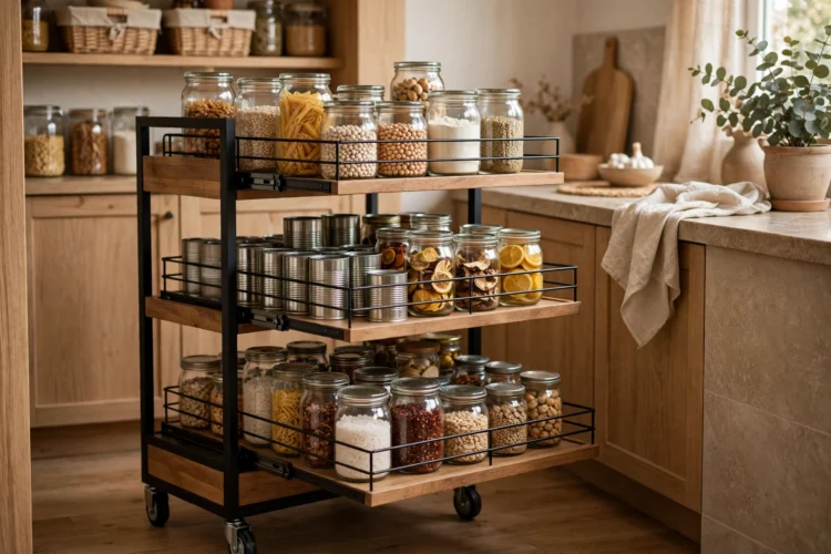 Pantry cart with pull-out shelves full of jars and cans