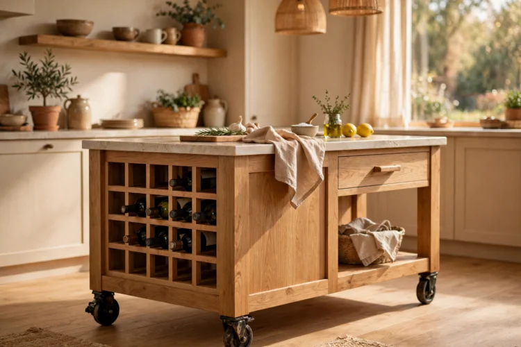 Rolling kitchen island with built-in wine rack and bottles