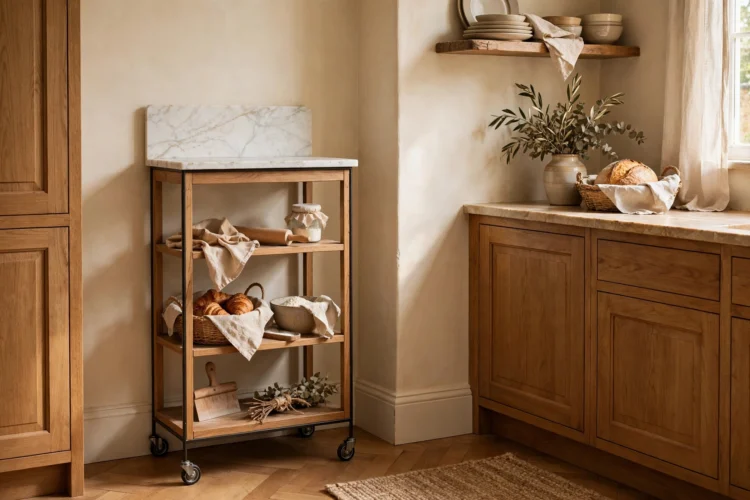 Tall narrow baker's cart with marble slab in a kitchen corner