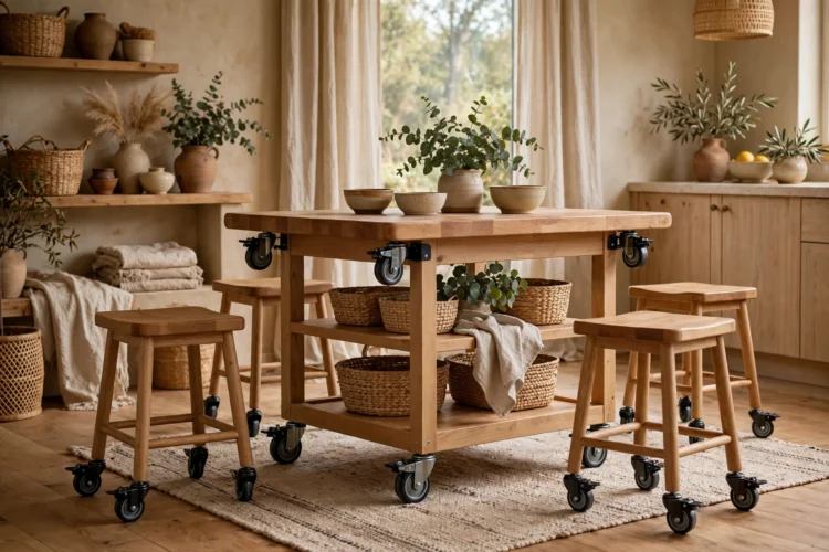 Portable island seating with backless stools on locking wheels