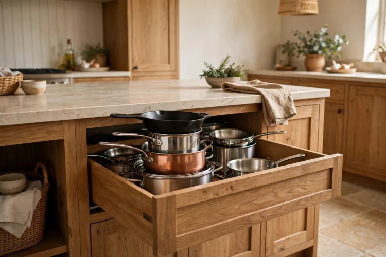 Deep island drawer open with stacked pots and pans
