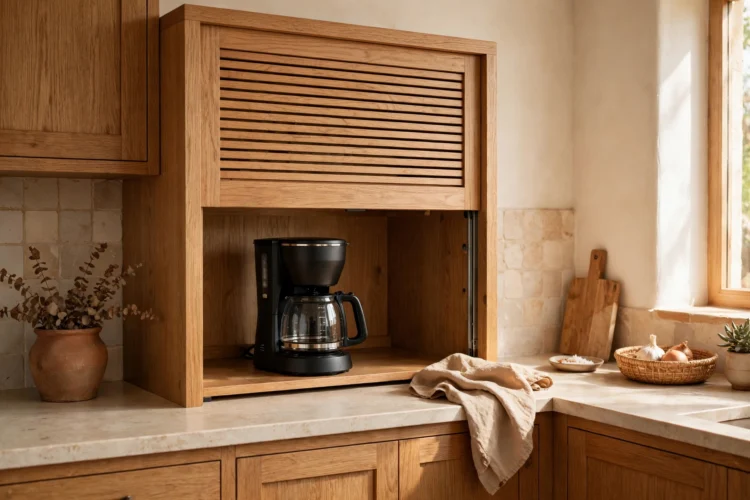 Appliance garage with tambour door rolled up revealing coffee maker