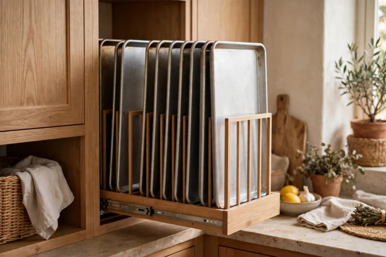 Vertical pull-out shelving holding sheet pans on edge