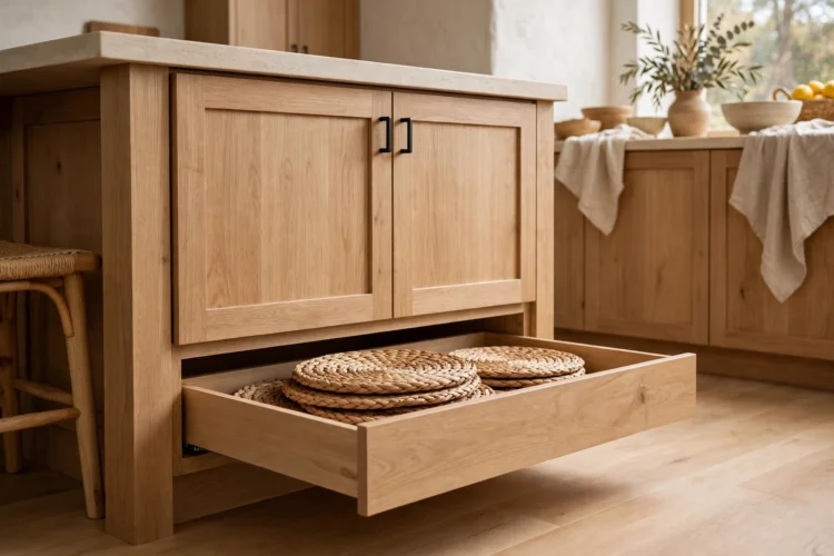 Toe-kick drawer under island base open with placemats