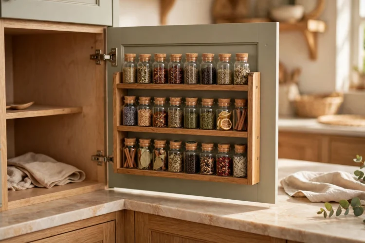 Spice rack mounted inside an island cabinet door