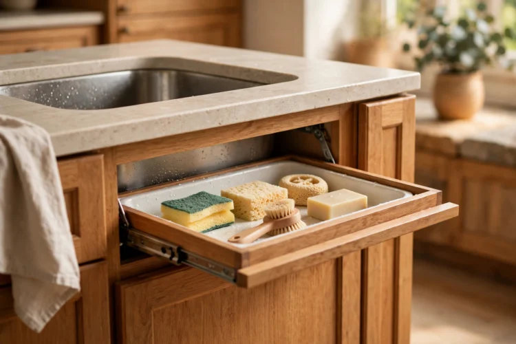 Tilt-out tray under island sink holding sponges and soap