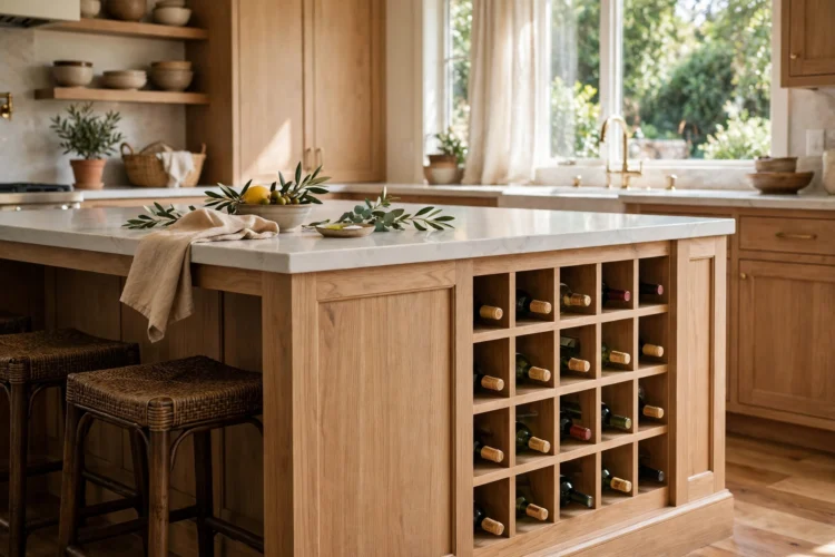 Wine cubbies built into the end panel of a kitchen island