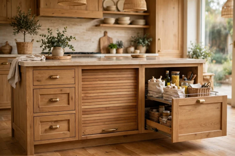 Kitchen island base combining drawers, garage, and pull-out storage