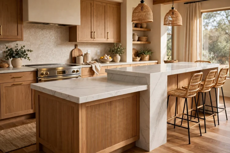 Split level island with waterfall edge in quartz
