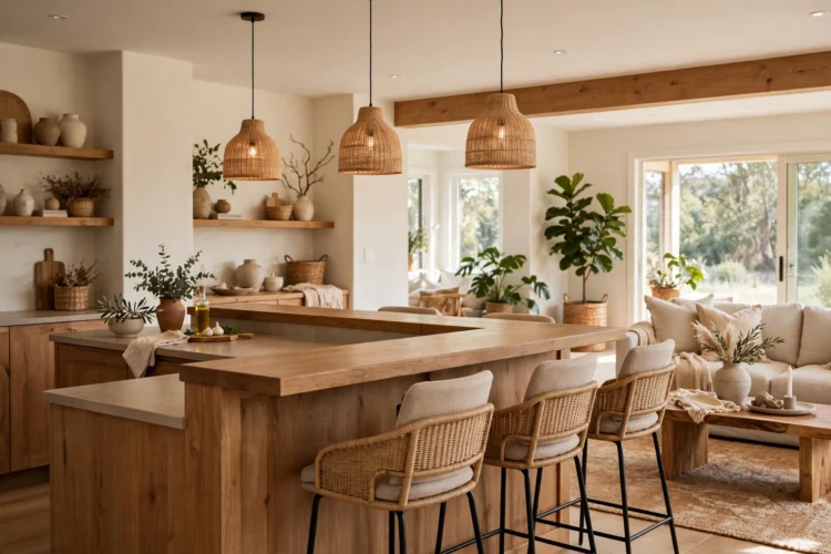 Raised bar island facing the living room with pendant lights