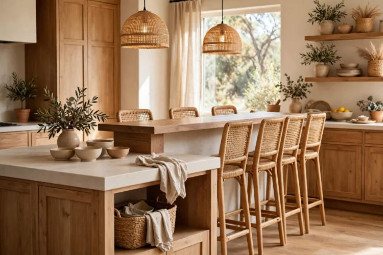 Two level island seating with stools along the raised bar