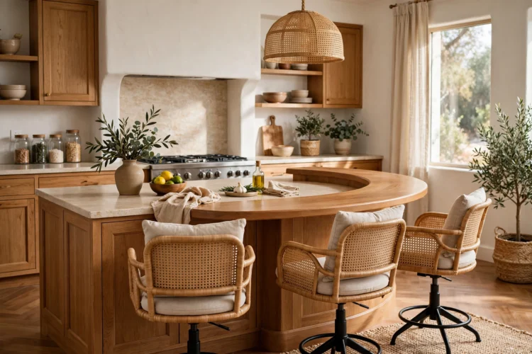 Curved raised bar on a kitchen island with swivel stools