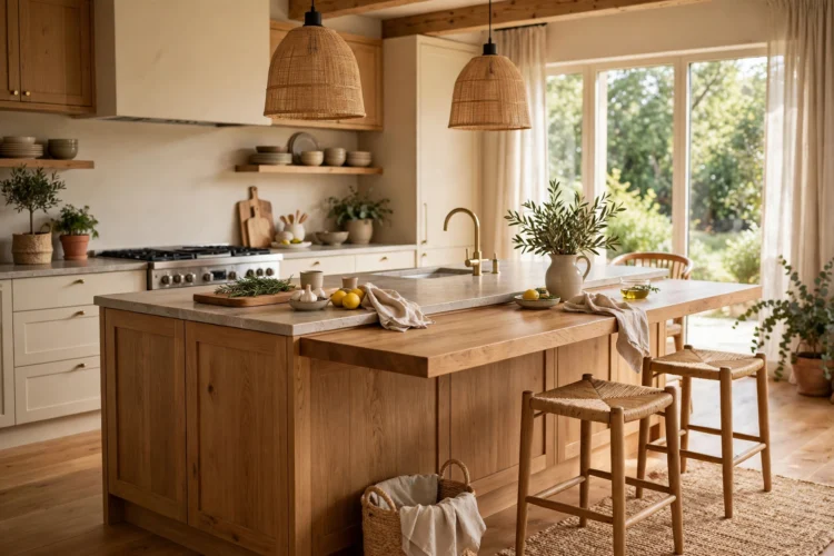 Extended kitchen island dining ledge with seating at the end