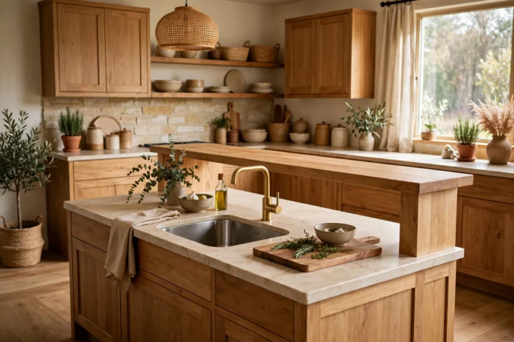 Two tier kitchen island with sink on the lower prep level