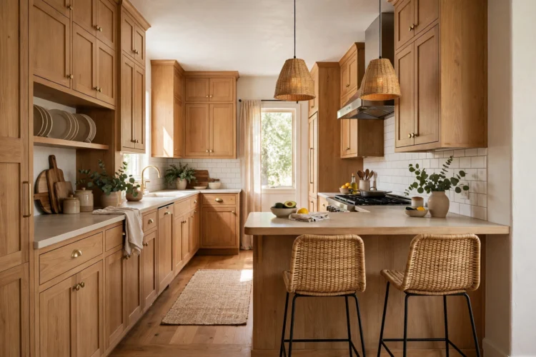Breakfast bar peninsula with two counter stools in a galley kitchen