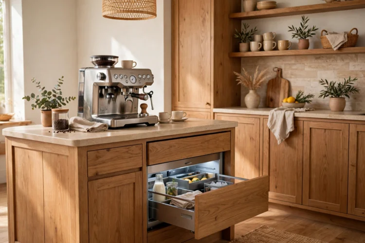 Peninsula beverage station with espresso machine and fridge drawer