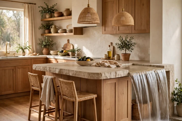 Kitchen peninsula with waterfall stone countertop end