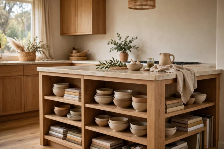 Peninsula base with open shelving holding cookbooks and bowls