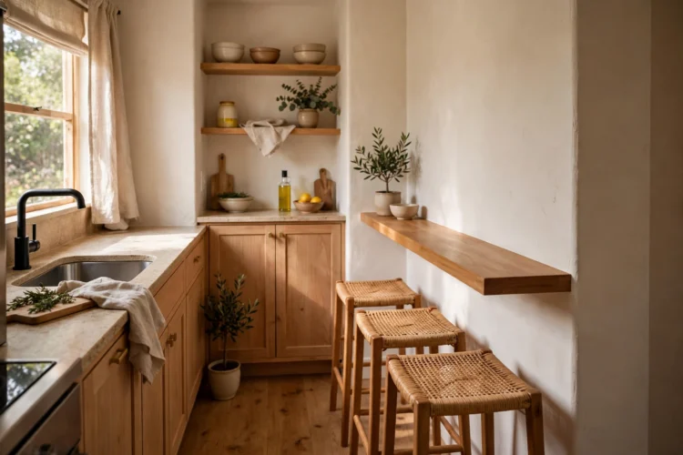 Narrow peninsula ledge with backless stools in a small kitchen