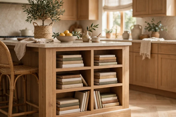 Peninsula end panel with built-in cookbook cubbies