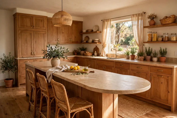 Kitchen peninsula with rounded end and curved countertop