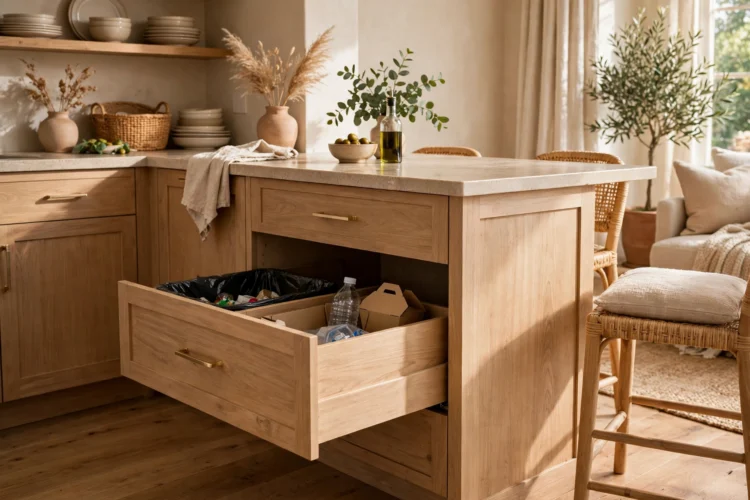 Peninsula cabinet with pull-out trash and recycling bins