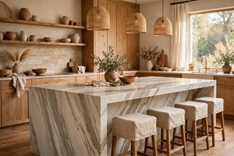 Full-slab waterfall kitchen island with continuous veining