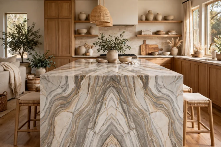Bookmatched marble waterfall island with mirrored veining