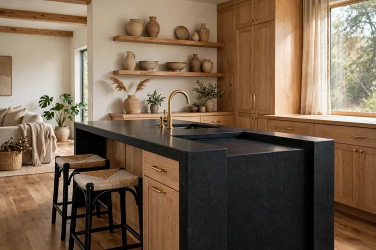 Honed black granite waterfall island with brass hardware