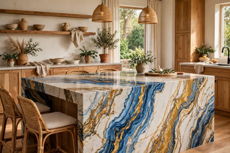 Quartzite waterfall island with bold blue and gold veining