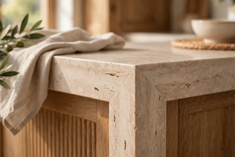 Kitchen island with thick mitered edge waterfall profile