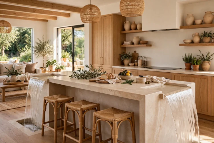 Double-sided waterfall island in an open-plan kitchen