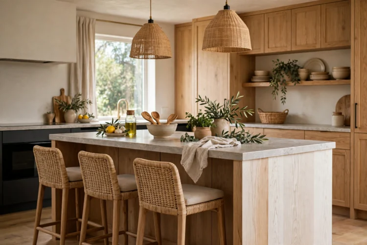 Kitchen island with stone top and white oak waterfall end