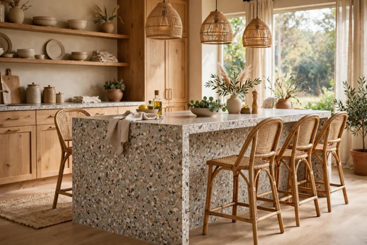 Terrazzo waterfall island with speckled aggregate pattern