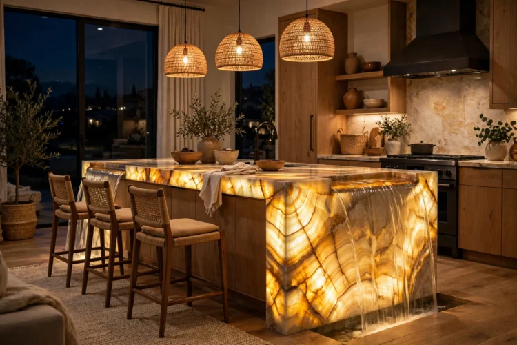Backlit onyx waterfall island glowing at night