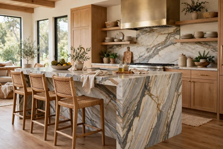 9 Waterfall Kitchen Island Ideas With Dramatic Stone