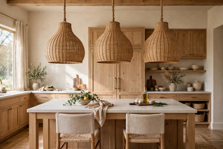 Oversized pendant lights hanging over a kitchen island