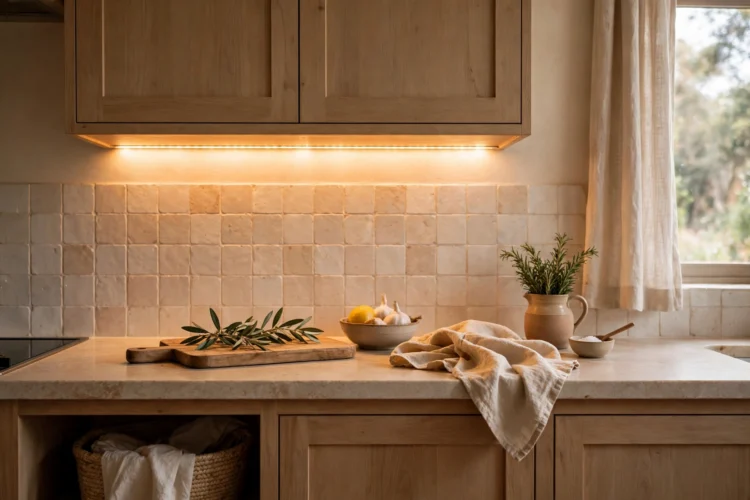 LED strip under-cabinet lighting washing a kitchen counter