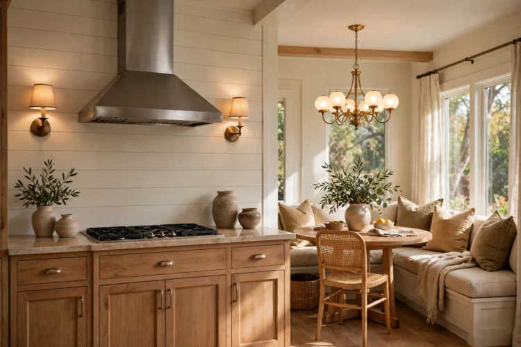 Wall sconces flanking a range hood and a chandelier over a breakfast nook