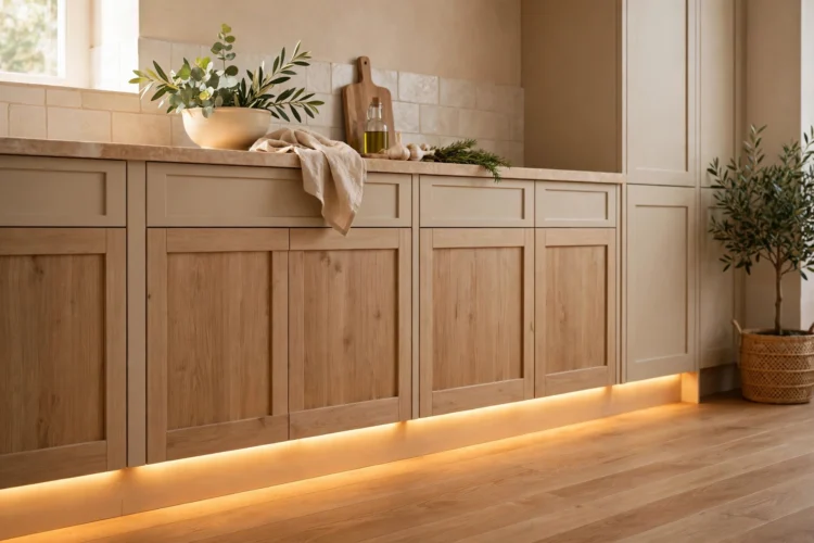 Toe-kick LED strip glowing beneath kitchen base cabinets