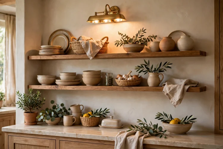 Picture light illuminating open kitchen shelves