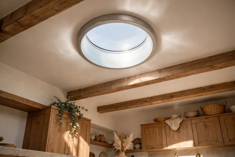 Kitchen ceiling with a solar tube skylight bringing in daylight