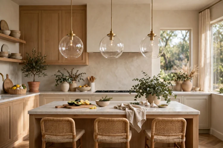 Three clear glass globe pendants over a kitchen island