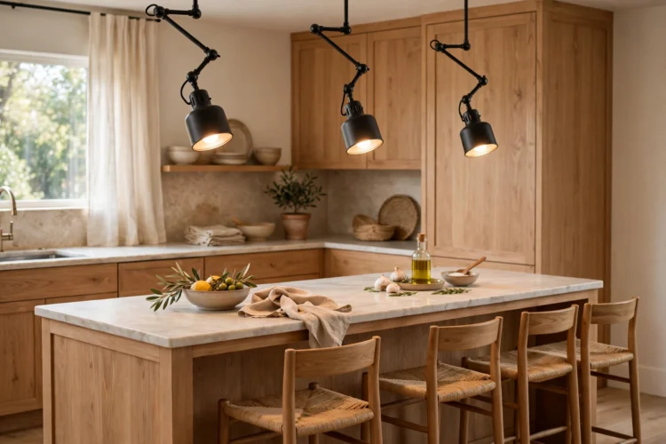 Adjustable stem pendants over a kitchen peninsula