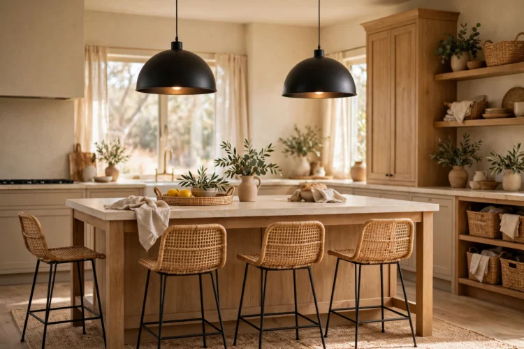 Two black dome pendants over a six-foot island